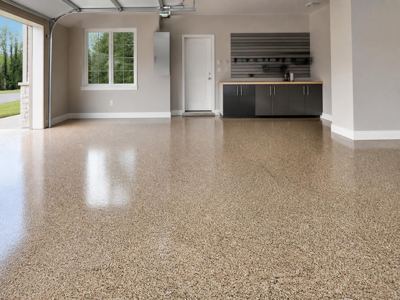 Two-car garage finished in a warm beige epoxy flake coating
